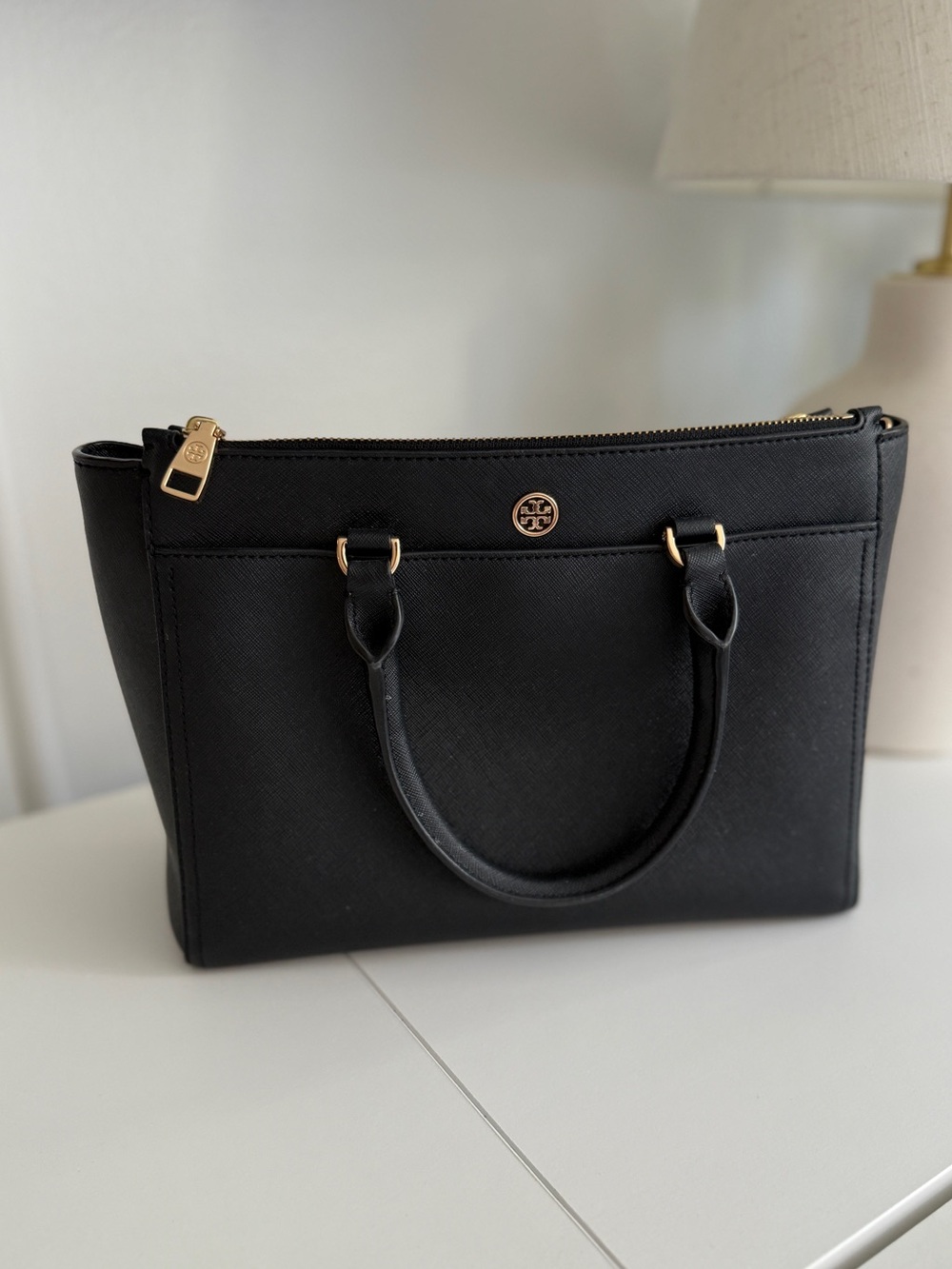 Tory Burch Robinson Double Zip Convertible Satchel Crossbody Black Saffiano